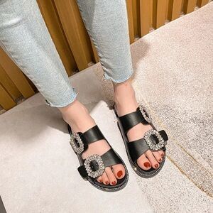 Black Sateen and Jewel Buckle Double Strap Slides Size 8/ 39